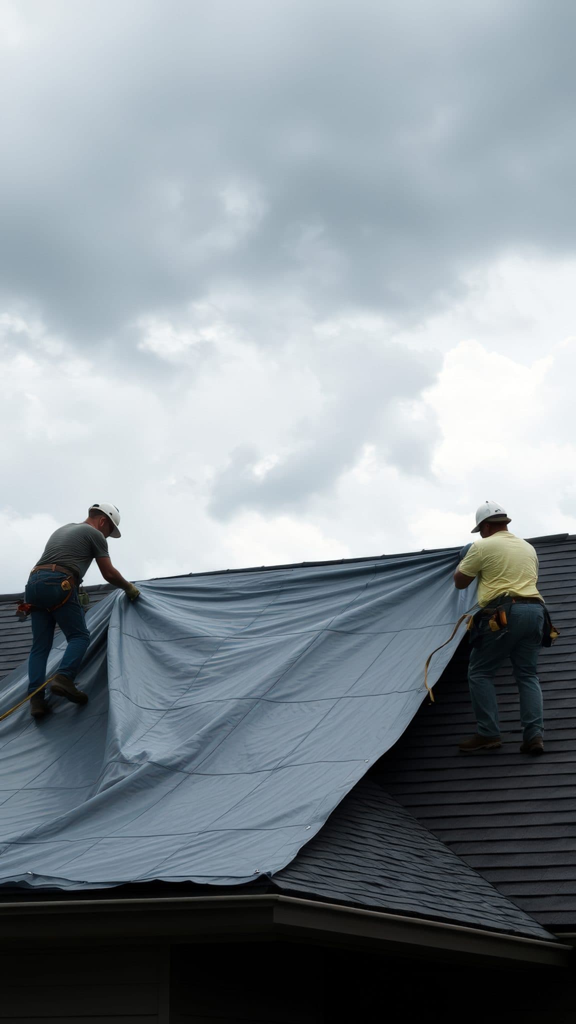 Two workers placing temporary protection over a roof