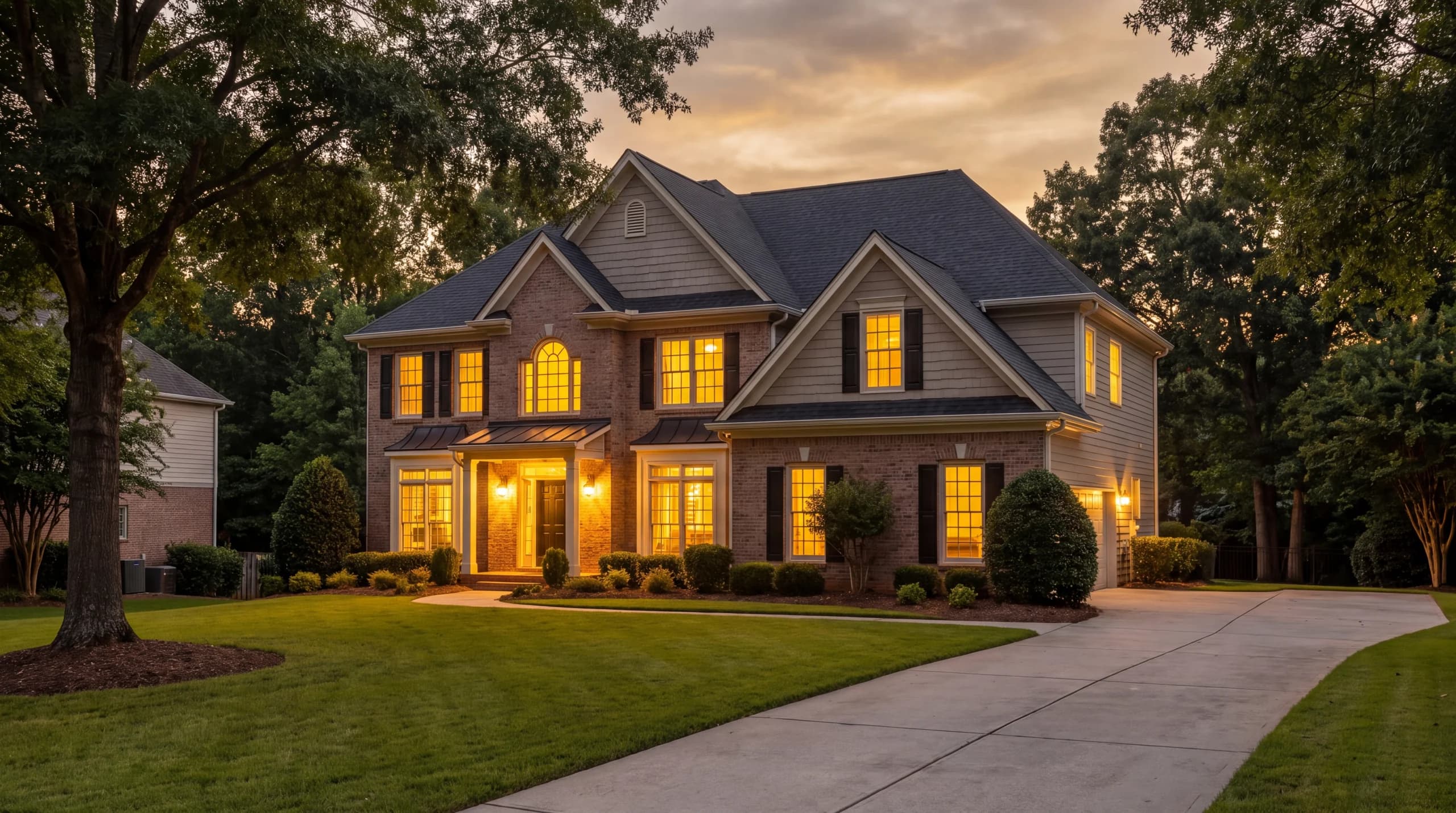 Two-story suburban house at dusk, with warm light in the windows and a dark shingle roof.