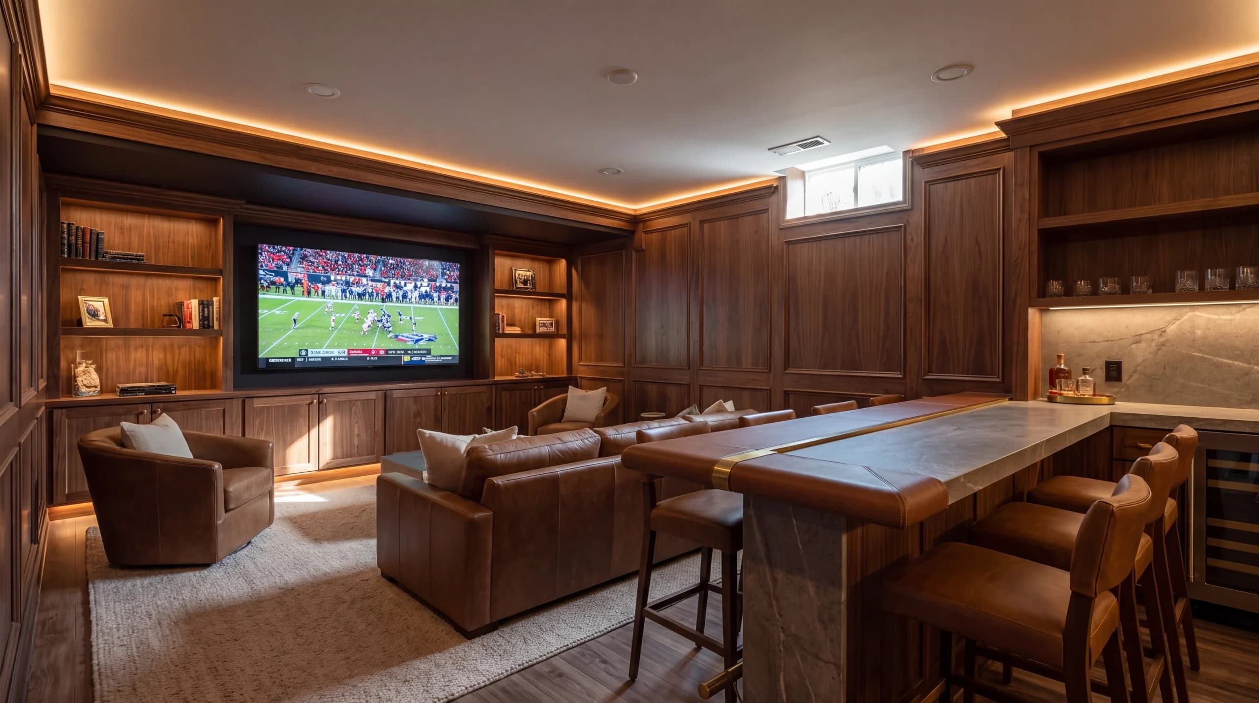 Below-grade lounge with leather seating, a wood bar, and a screen on the paneled wall.