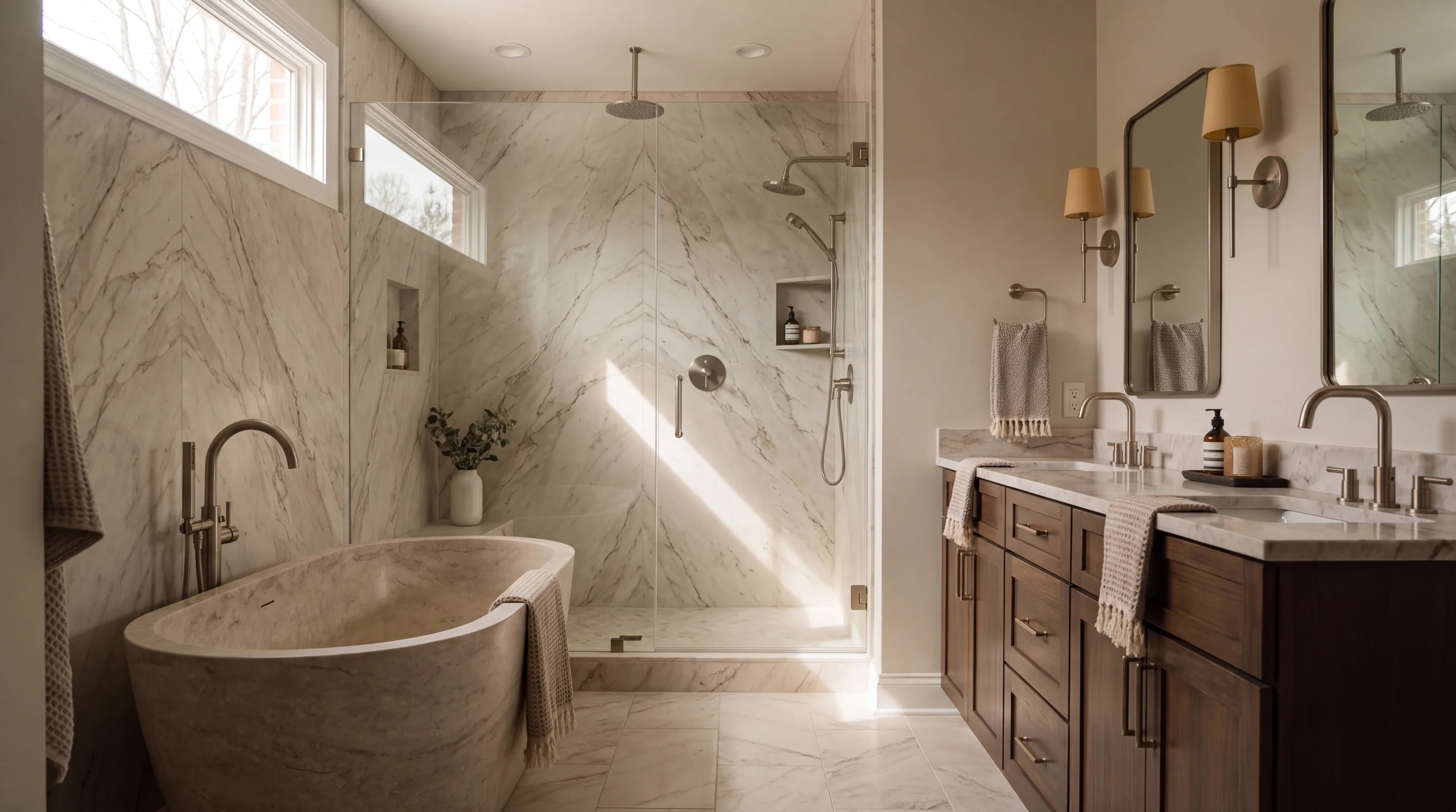 Primary bath with a stone tub, a glass shower, and warm daylight on the tile.