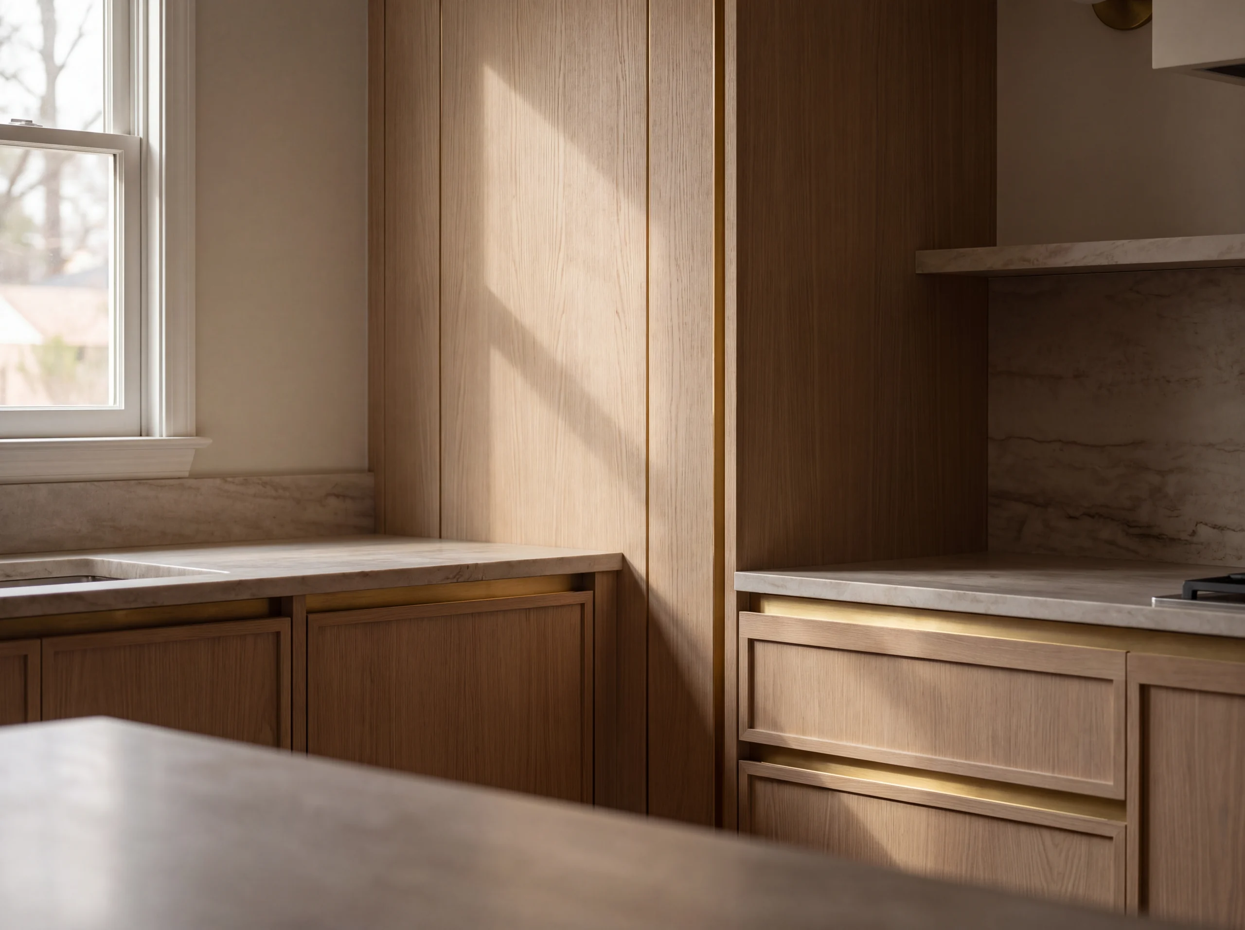 Millwork graphic of cabinet doors meeting a stone counter edge.
