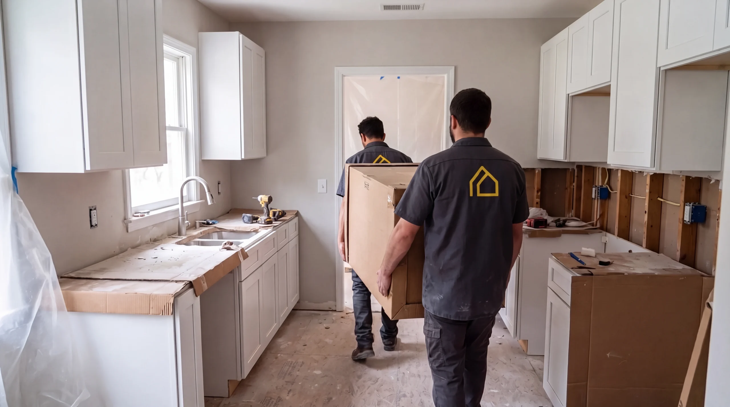 Two crew members seen from behind carrying a cabinet box through a kitchen mid-install.