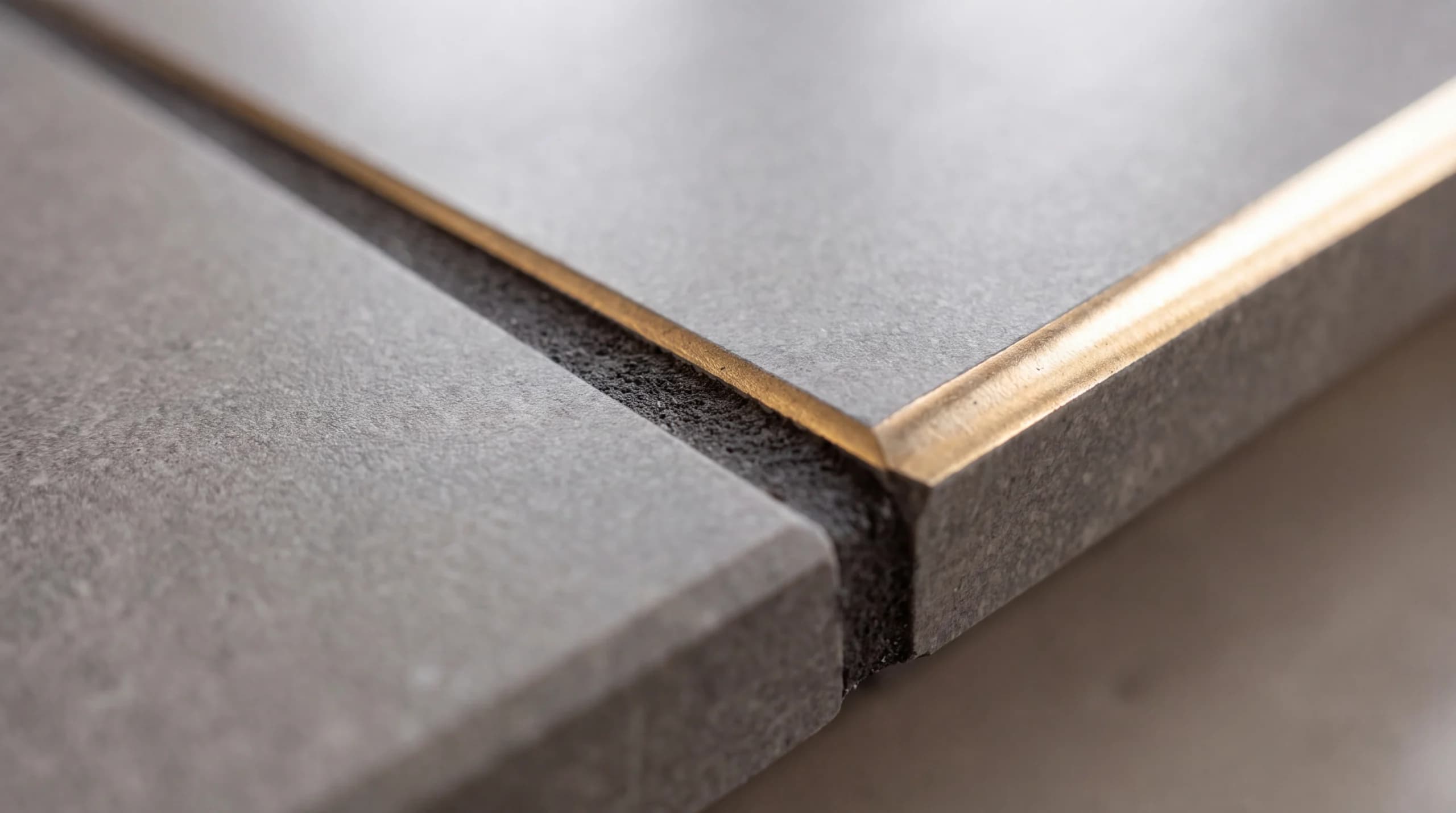Close view of a stone tile seam and a metal edge.