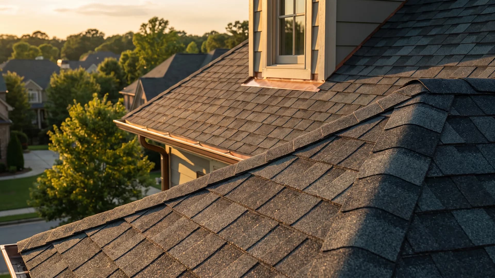 New architectural asphalt shingles on a suburban Atlanta roof at golden hour.