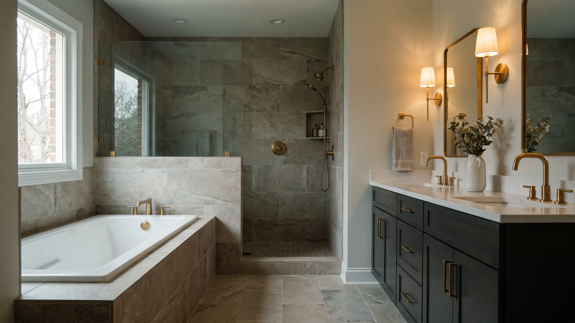 Finished bathroom remodel with stone tile and warm lighting.