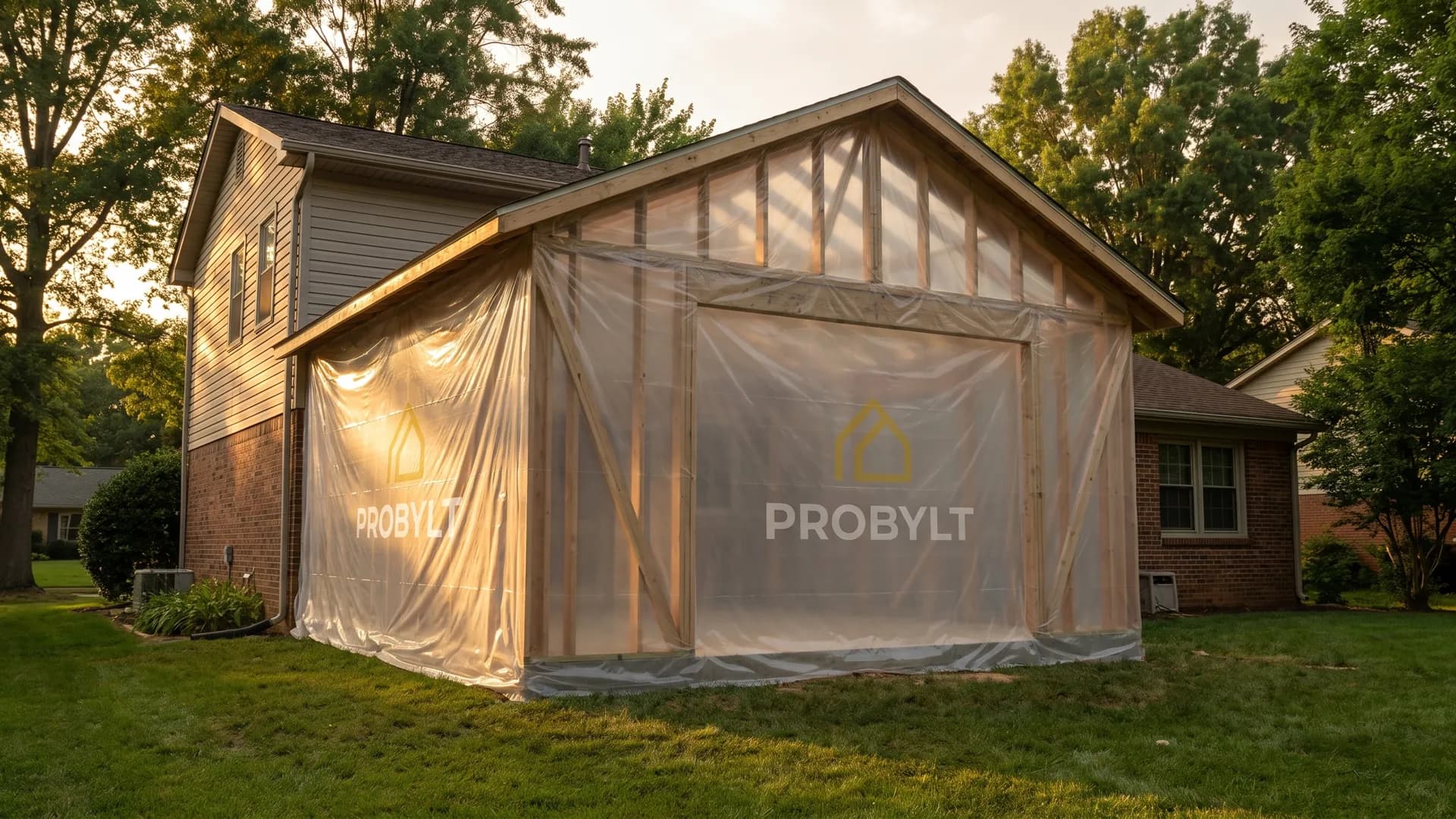 Home addition under construction, wrapped in ProBYLT-branded sheeting.