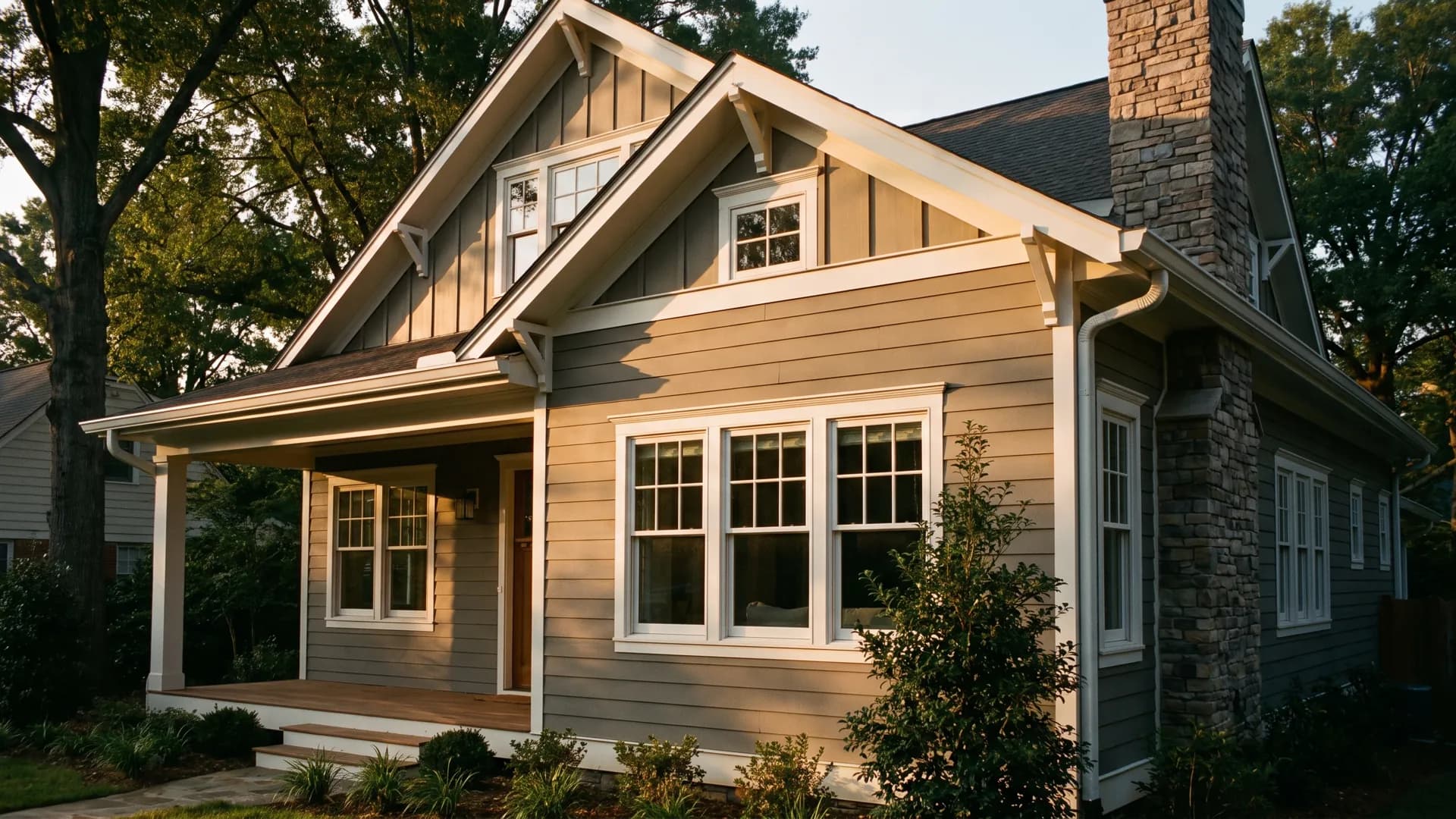 Fiber-cement lap siding on a craftsman home in late afternoon light.