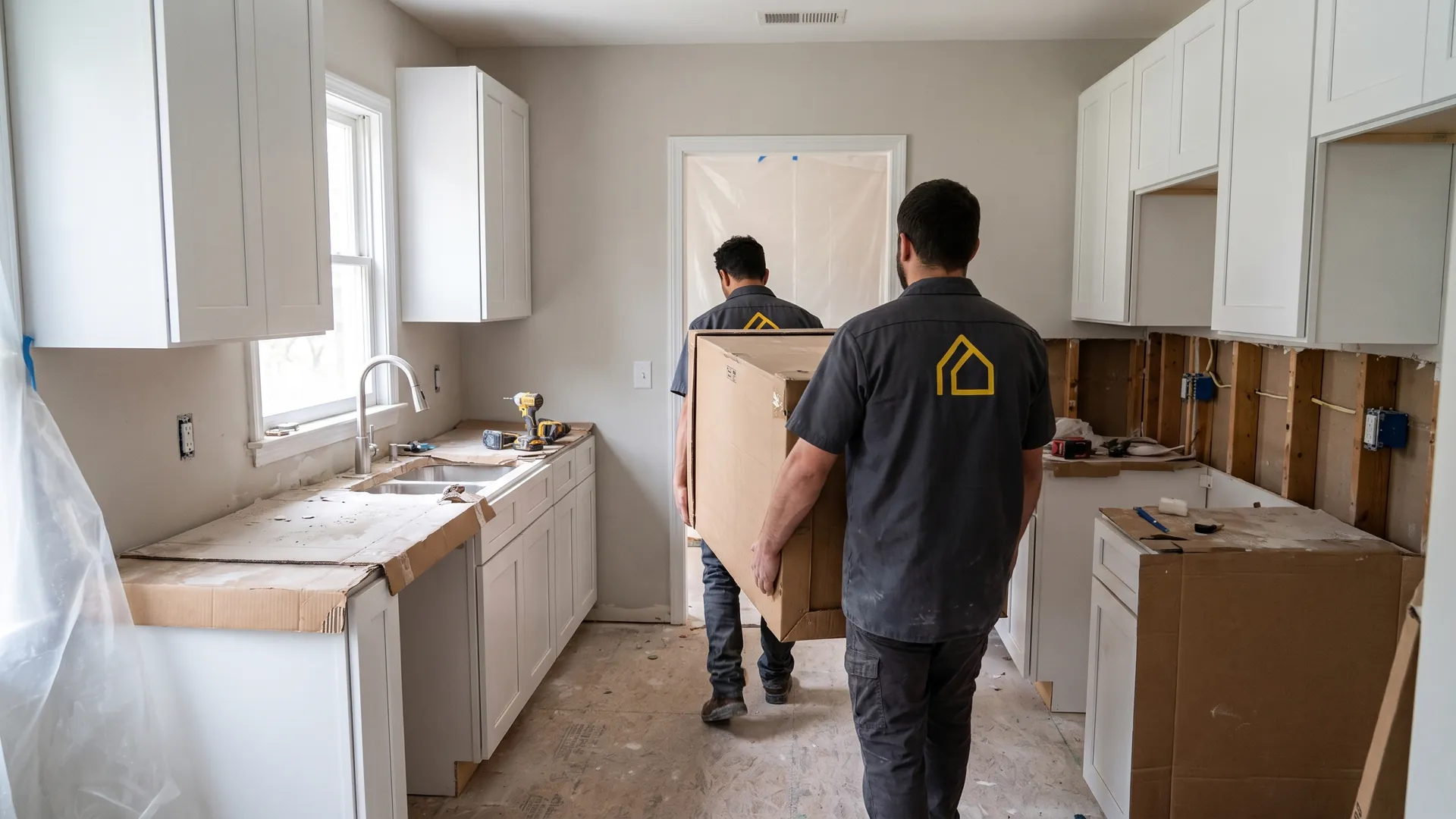 ProBYLT crew carrying a cabinet box through a kitchen remodel, seen from behind.