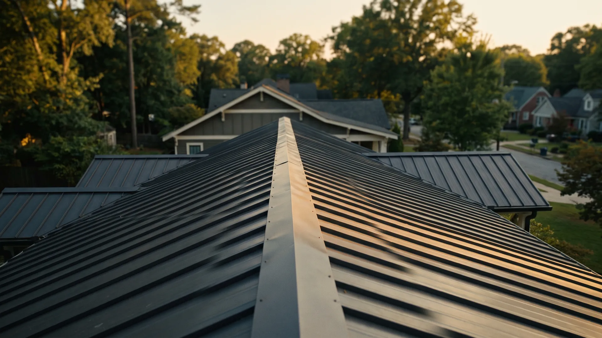 Standing-seam metal roof on a suburban Atlanta home at golden hour.