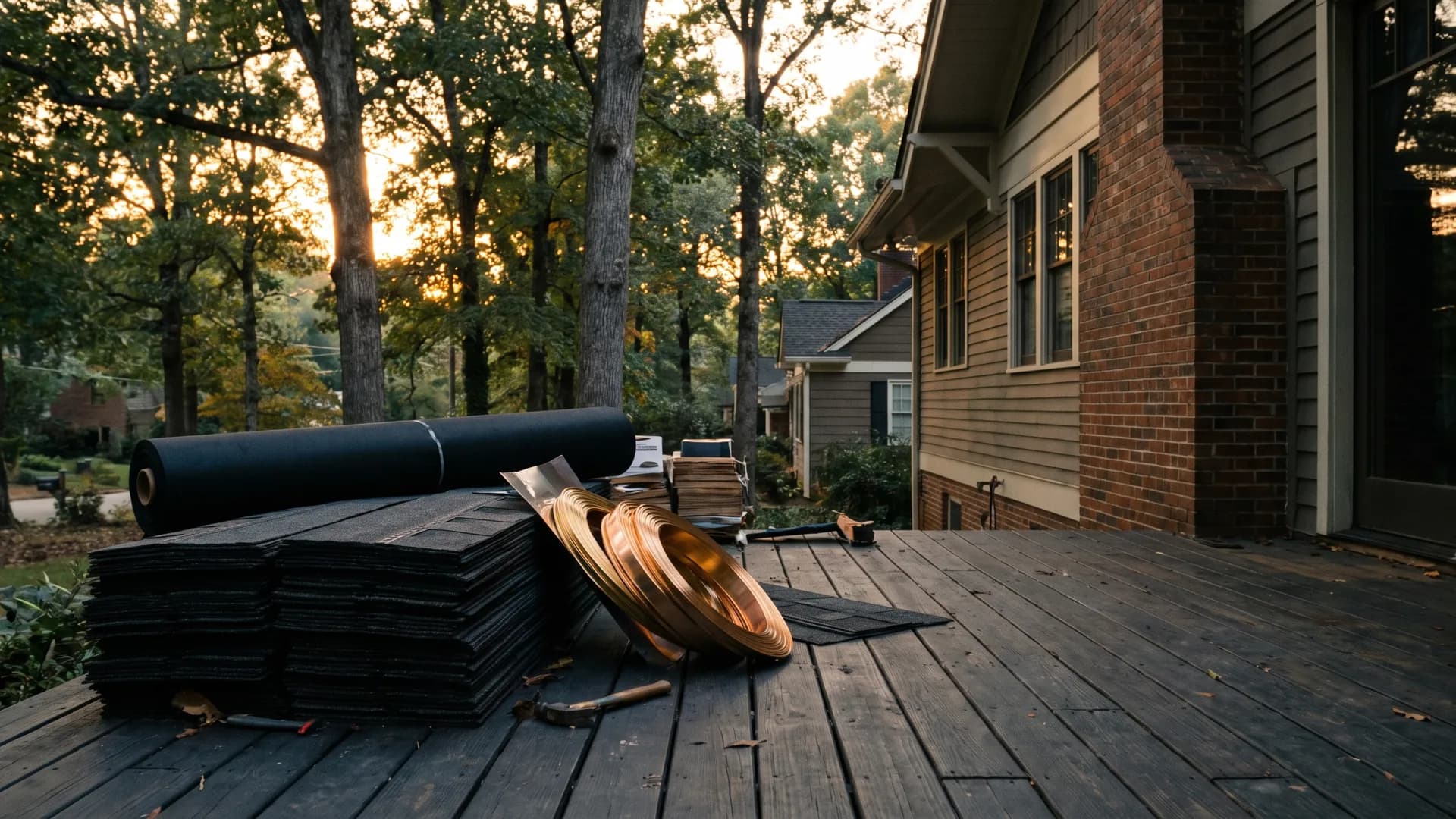 Roofing materials staged on a residential deck, including shingles and copper flashing.